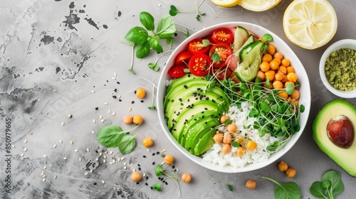 Vegetarian dinner. Vegetables, rice, micro greens, avocado bowl with chickpeas. Top View. Copy Space