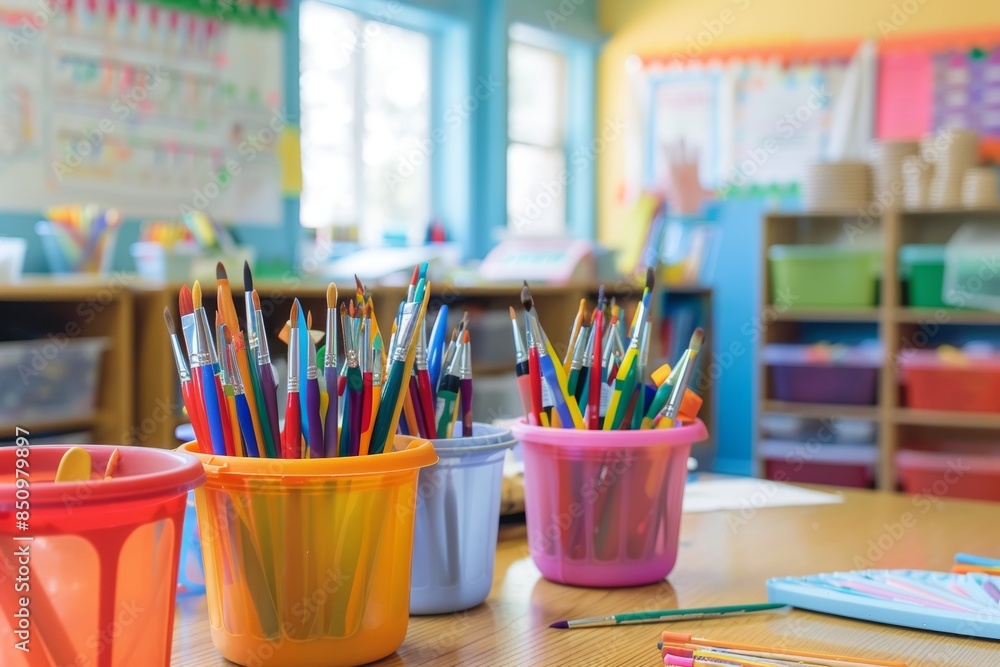 Teacher Setting Up Art Station with Colorful Supplies in Classroom for Creative Projects Teacher Setting Up Art Station with Colorful Supplies in Classroom for Creative Projects