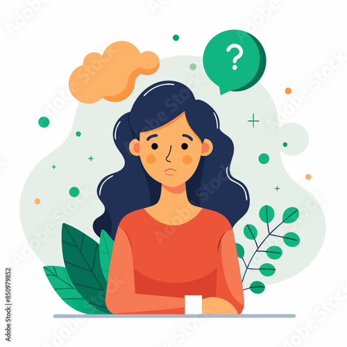 Young woman cartoon character Confused thinking about problem solution hand on chin. Unhappy woman in puzzled expression 