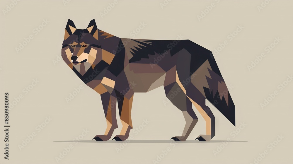 A brown wolf standing atop a white floor adjacent to a light-brown wallpaper A brown wolf standing atop a white floor adjacent to a light-brown wallpaper
