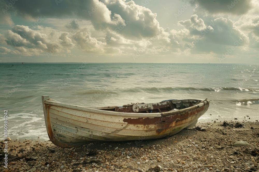 Rustic wooden rowboat on a pebble beach with sunlit ocean and cloudy sky in the background Rustic wooden rowboat on a pebble beach with sunlit ocean and cloudy sky in the background