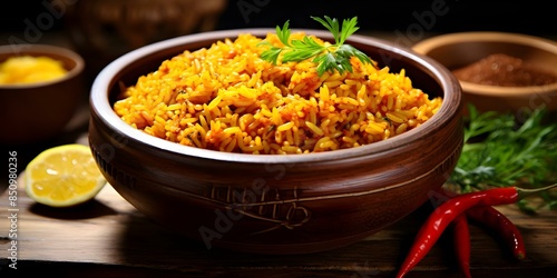 Delicious Nigerian jollof rice on a rustic wooden table a popular staple dish. Concept Food Photography, Nigerian Cuisine, Jollof Rice, Rustic Setting, Culinary Art