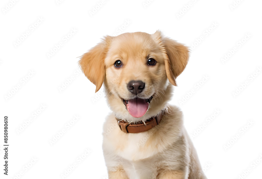 An adorable Golden Retriever puppy with a playful expression, wearing a brown leather collar. Perfect for pet-related websites, marketing materials, and animal care publications. An adorable Golden Retriever puppy with a playful expression, wearing a brown leather collar. Perfect for pet-related websites, marketing materials, and animal care publications.