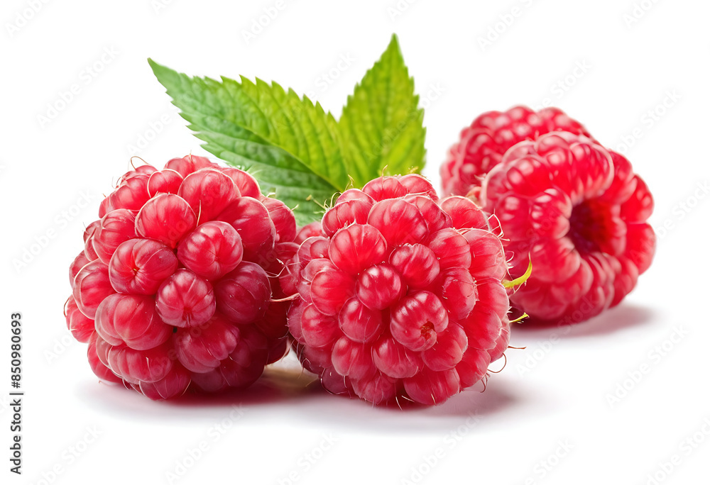raspberries on white background, Three ripe, juicy raspberries with a vibrant red hue and a single green leaf, showcasing their freshness and deliciousness. Perfect for food blogs, recipe websites, raspberries on white background, Three ripe, juicy raspberries with a vibrant red hue and a single green leaf, showcasing their freshness and deliciousness. Perfect for food blogs, recipe websites,