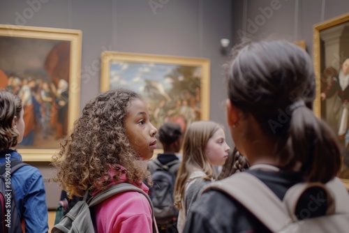 Students on an Educational Field Trip to an Art Museum Discussing Famous Paintings and Sculptures