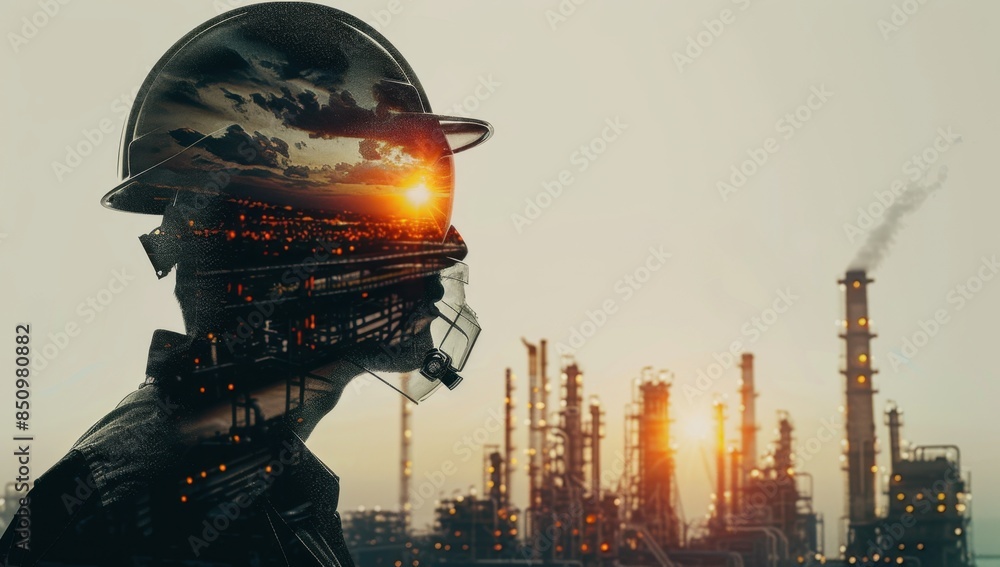 Φωτογραφία Double exposure of oil worker and industrial plant, double exposure photography,