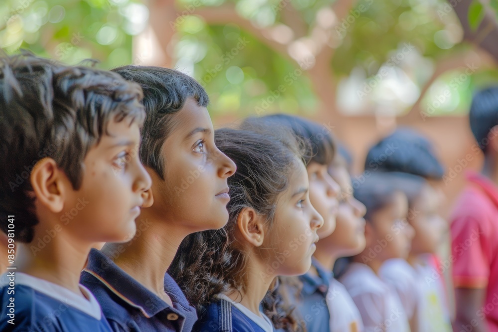 Students Lining Up for School Assembly on First Day, Listening to Principal's Welcome Speech Students Lining Up for School Assembly on First Day, Listening to Principal's Welcome Speech