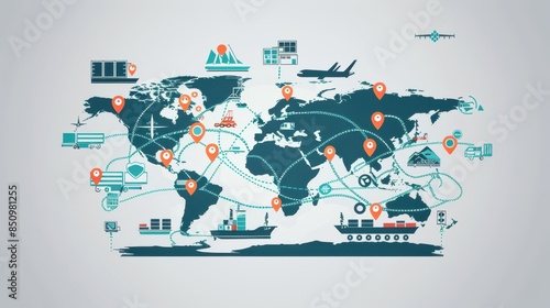 Fototapeta Naklejka Na Ścianę i Meble -  A detailed map of the world with interconnected lines representing global supply chains, featuring icons of planes, ships, and trucks, symbolizing the international logistics network.