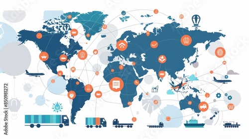 A detailed map of the world with interconnected lines representing global supply chains, featuring icons of planes, ships, and trucks, symbolizing the international logistics network.