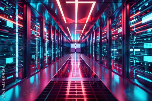 server room with rows of racks in data center hallway futuristic 3d illustration