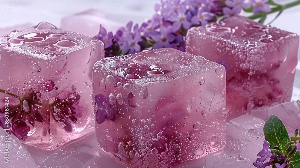 A close-up of three ice cubes with water droplets on them and purple flowers beside them A close-up of three ice cubes with water droplets on them and purple flowers beside them