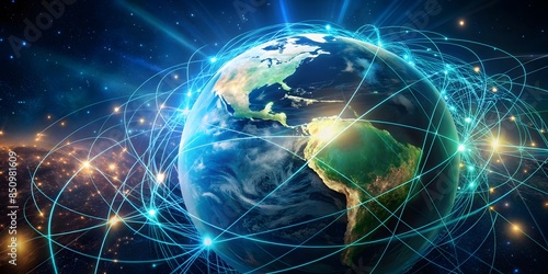 Fototapeta Naklejka Na Ścianę i Meble -  A beautiful illustration of planet earth surrounded by a network of glowing lines representing the internet and telecommunications.
