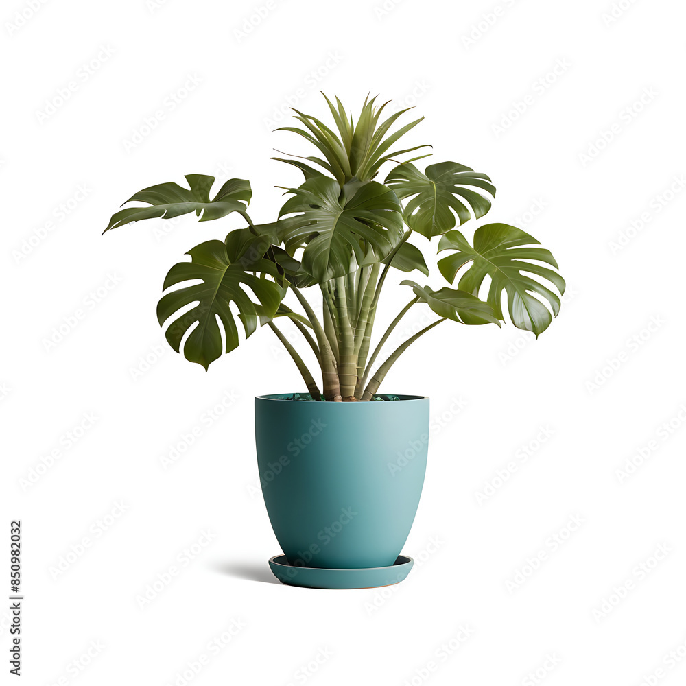 Fototapeta premium A lush Monstera deliciosa plant in a stylish teal planter, perfect for bringing a touch of the tropics indoors. Ideal for home decor websites, plant shops, and lifestyle blogs.