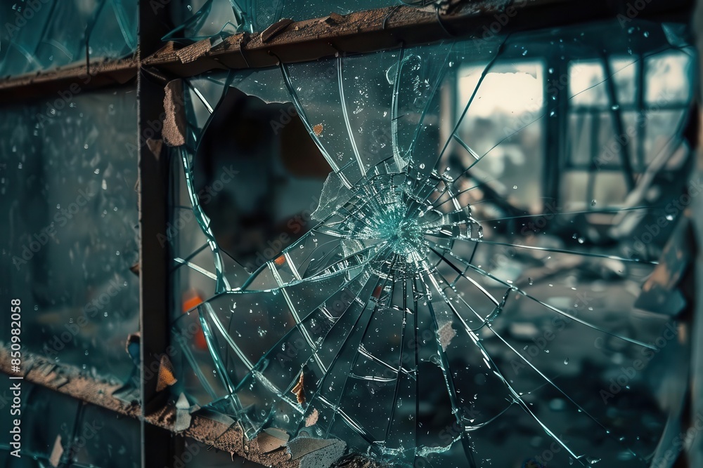 shattered glass window of abandoned office building urban decay and ...