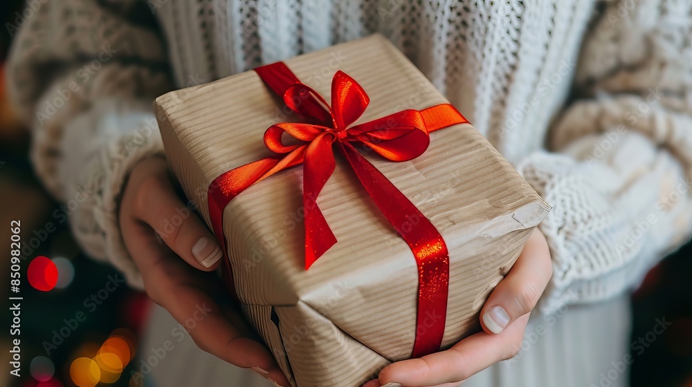 Person Holding Wrapped Gift With Red Bow Person Holding Wrapped Gift With Red Bow