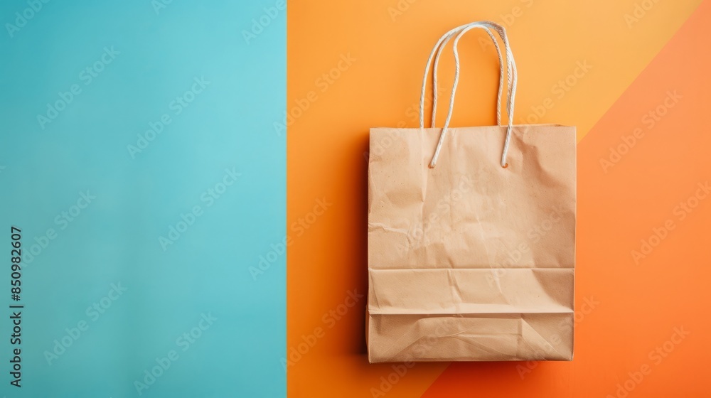 paper bag on a colored background with place for text top view. paper bag on a colored background with place for text top view.