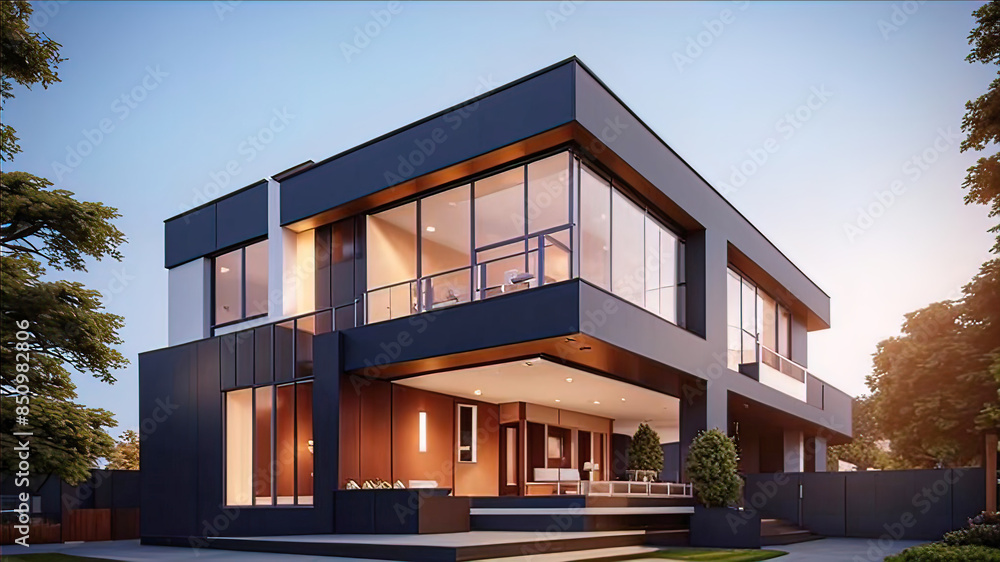 Fototapeta premium A modern residential building, Smart Home, showcasing innovative and automated solutions for a safe, sustainable and energy-efficient living environment.