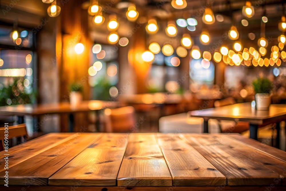 An Empty Wooden Table In Front Of A Blurred Background Of A Restaurant With Hanging Lights.