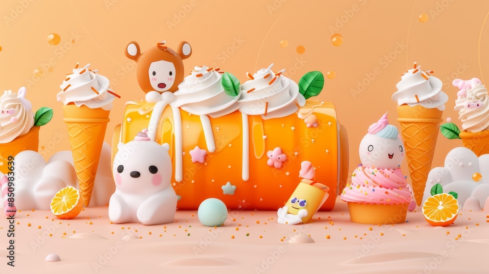 Cartoon cake roll in orange and white, honey topping, surrounded by ice cream animals, all set against a light backdrop Cartoon cake roll in orange and white, honey topping, surrounded by ice cream animals, all set against a light backdrop