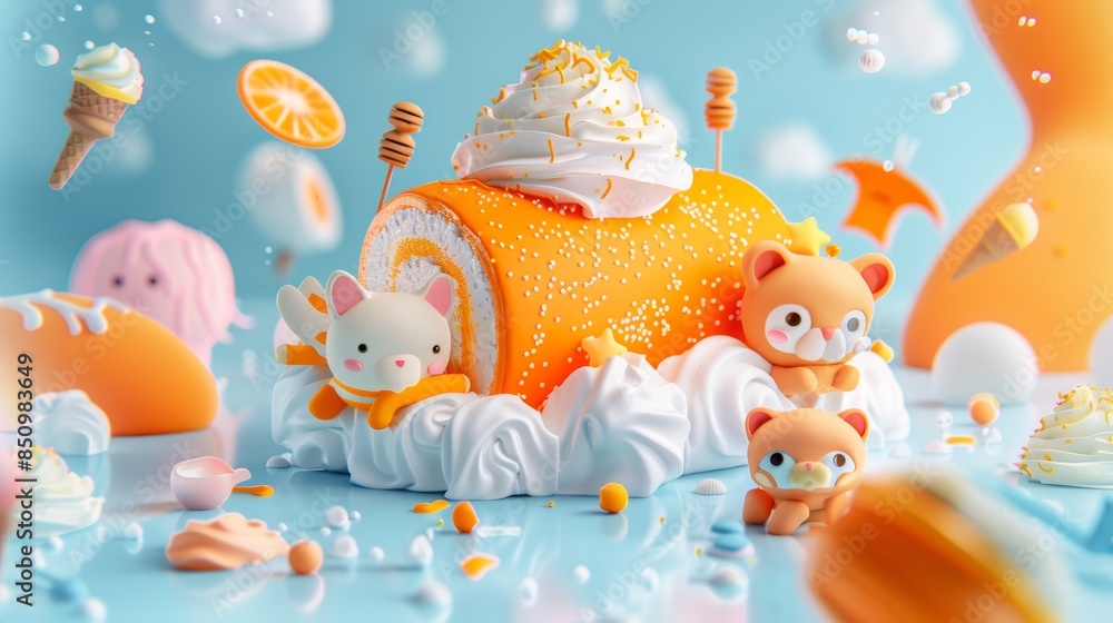 Cartoon cake roll in orange and white, honey topping, surrounded by ice cream animals, all set against a light backdrop Cartoon cake roll in orange and white, honey topping, surrounded by ice cream animals, all set against a light backdrop