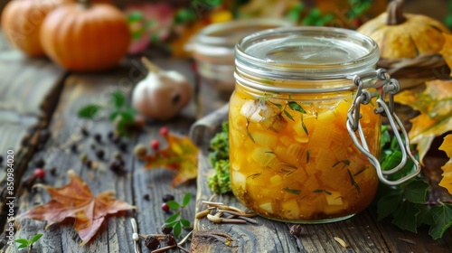 A close-up shot of a jar of pumpkin preserves with herbs and spices on a rustic wooden table with pumpkins and fall leaves photo