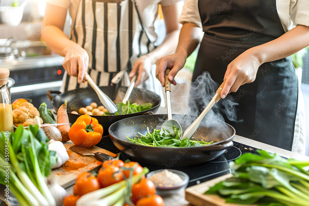 Two people cook together in kitchen, preparing meal with fresh vegetables while wearing aprons Two people cook together in kitchen, preparing meal with fresh vegetables while wearing aprons