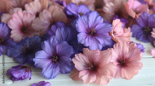   A macro shot featuring an array of vividly colored blooms arranged on a table top © Anna