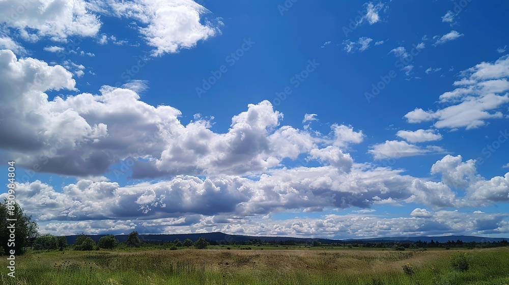 A field with lush green grass and tall trees under a bright blue sky with fluffy white clouds, surrounded by more trees on the horizon A field with lush green grass and tall trees under a bright blue sky with fluffy white clouds, surrounded by more trees on the horizon