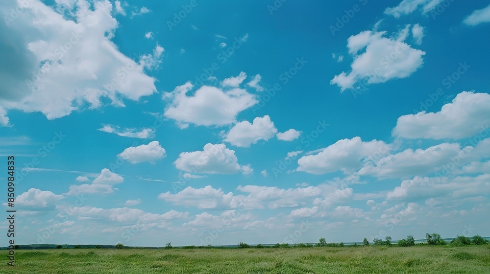 Field of grass under blue sky, with clouds in sky and trees on opposite side Field of grass under blue sky, with clouds in sky and trees on opposite side