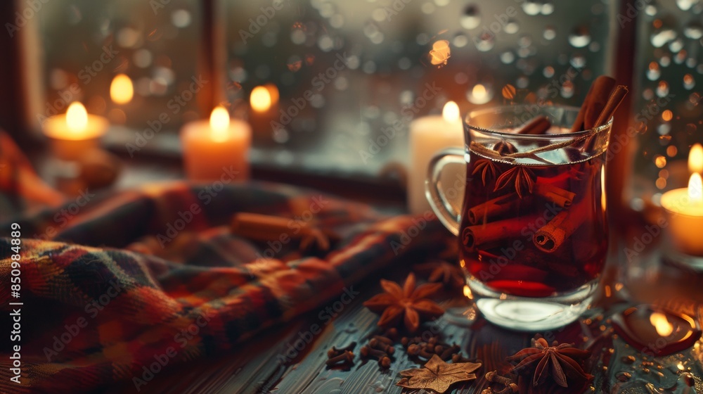 A glass of mulled wine with cinnamon sticks sits on a wooden table near a window with candles lit and rain falling outside A glass of mulled wine with cinnamon sticks sits on a wooden table near a window with candles lit and rain falling outside