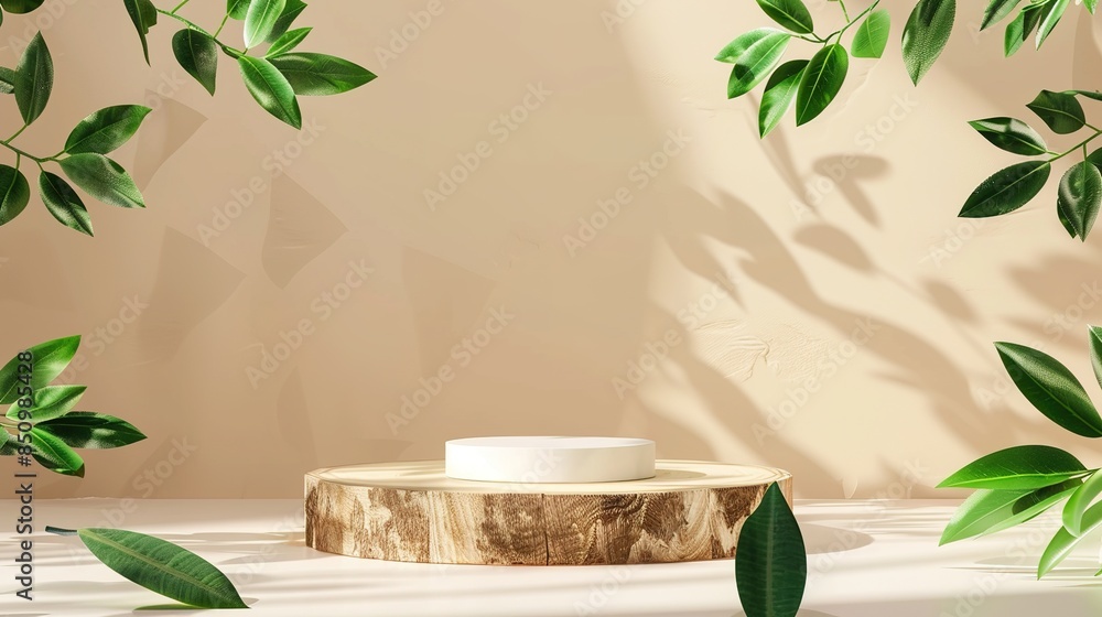 Minimal modern product display on neutral beige background. Wood slice podium and green leaves. Concept scene stage showcase for new product, promotion sale, banner, presentation, cosmetic Minimal modern product display on neutral beige background. Wood slice podium and green leaves. Concept scene stage showcase for new product, promotion sale, banner, presentation, cosmetic