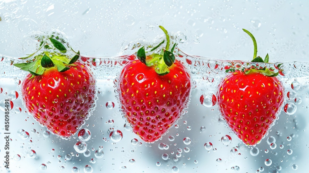 Three strawberries stacked in a glass filled with water and droplets on the surface Three strawberries stacked in a glass filled with water and droplets on the surface