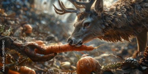 roe deer peacefully munching on a carrot in the serene depths of the forest.