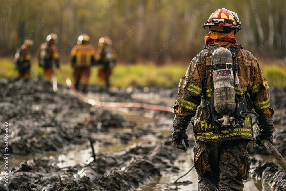 Team of firefighters walks through a charred landscape after extinguishing a forest fire Team of firefighters walks through a charred landscape after extinguishing a forest fire