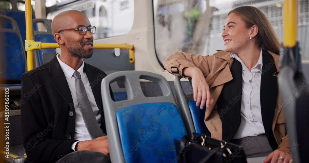 People, passenger and smile with conversation in bus as colleagues to commute for work as accountants. Friends, partners and happy with discussion in public transport with travel and engaging