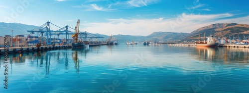 Eco-Friendly Port Operations: A port where renewable energy sources power cranes and other machinery, highlighting sustainability in logistics and shipping operations. photo
