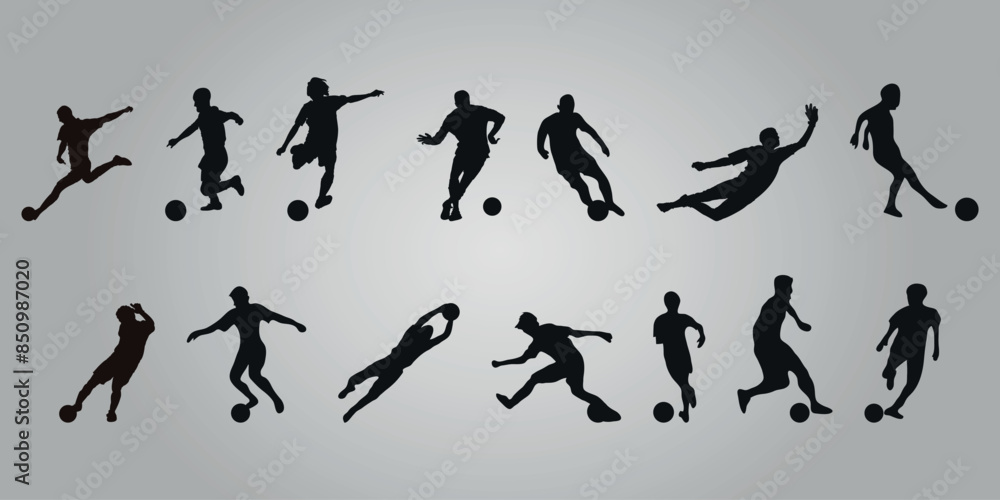 Football. Set of black silhouettes of football players. Playing a game of soccer. Vector on gray background Football. Set of black silhouettes of football players. Playing a game of soccer. Vector on gray background