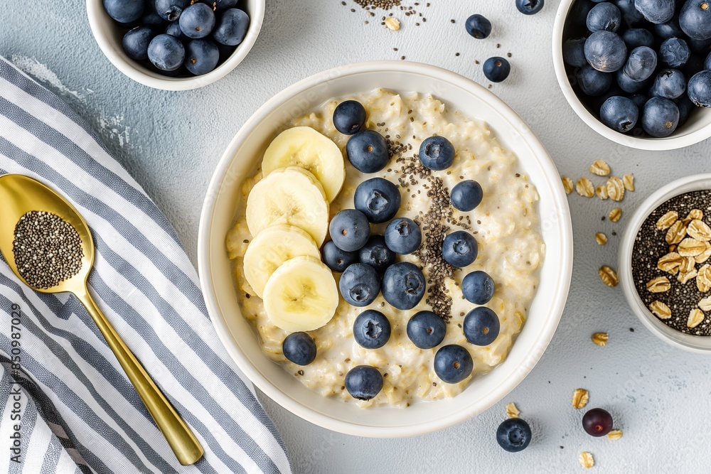 Healthy Breakfast Bowl with Oats, Blueberries, and Bananas. Oatmeal Bowl Topped with Fresh Fruit and Chia Seeds Healthy Breakfast Bowl with Oats, Blueberries, and Bananas. Oatmeal Bowl Topped with Fresh Fruit and Chia Seeds