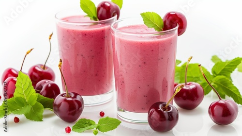 Wallpaper Mural Fresh Cherry Smoothie with Mint Garnish. Two Glasses of Pink Cherry Smoothie with Whole Cherries Torontodigital.ca