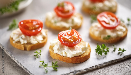 Tasty finger food spread with mascarpone cheese and tomatoes. Small sandwiches for dinner.