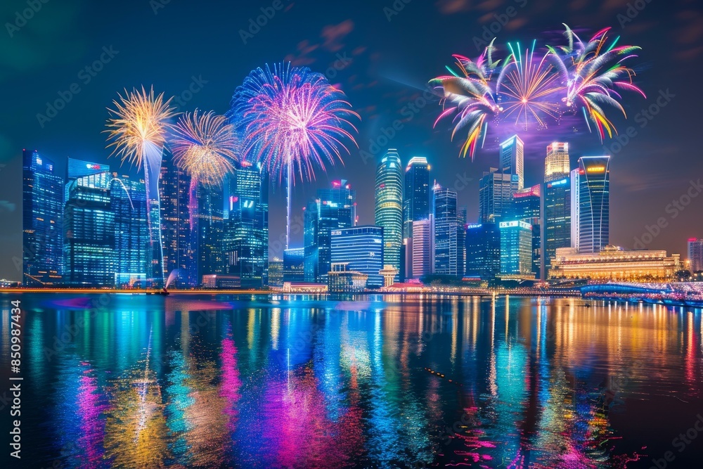 Fototapeta premium Spectacular fireworks illuminate the night sky above a modern cityscape with reflections in the water