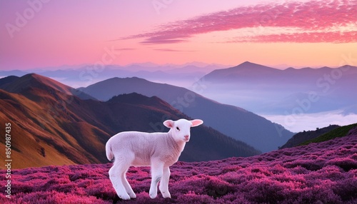 Pink mountains landscape background, sunset mountains, wildlife background with lamb sillhoutte photo