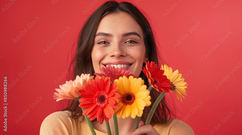 beautiful girl giving bouquet of gerberas with cheerful expression on red background beautiful girl giving bouquet of gerberas with cheerful expression on red background