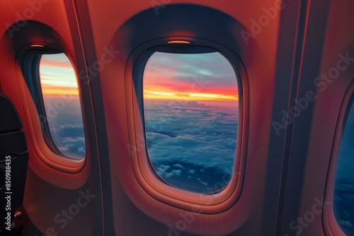 Stunning sunset cloudscape seen through the window of a flying airplane