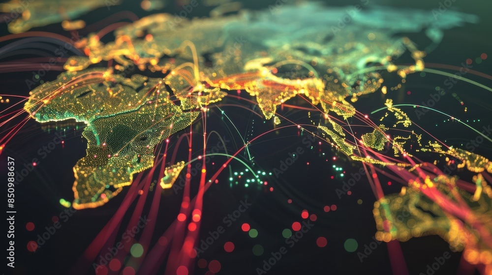 Global Supply Chain Visualization: A dynamic visualization of a global supply chain with animated routes, data points, and logistics hubs interconnected. Global Supply Chain Visualization: A dynamic visualization of a global supply chain with animated routes, data points, and logistics hubs interconnected.