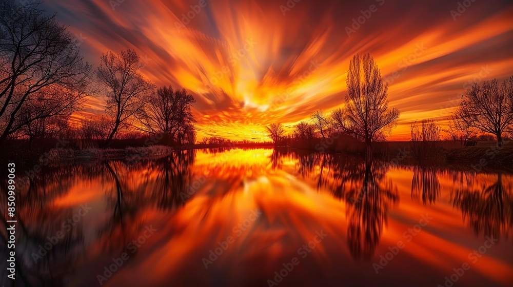 Obraz premium Sunset over a calm river with the sky ablaze in oranges and reds, silhouettes of trees on the horizon, evoking a tranquil and reflective mood. Photography, long exposure. 