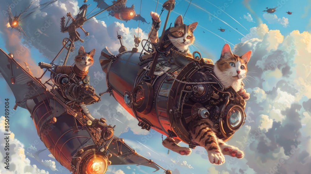 Naklejka premium Illustration of a steampunk cat going on an adventure in a mechanical suit. Ai generated image