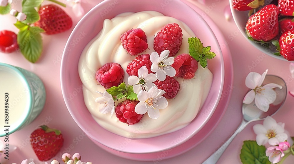 A bowl of yogurt with raspberries and flowers on a pink plate next to a glass of milk A bowl of yogurt with raspberries and flowers on a pink plate next to a glass of milk