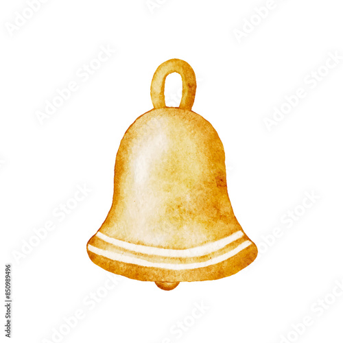 Watercolor golden bell isolated on white, cut out from background