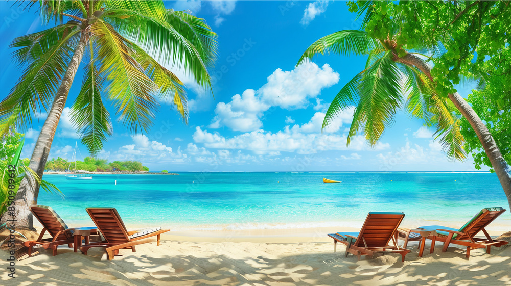 A tropical beach with palm trees and lounge chairs, overlooking the clear blue water of an exotic island. The scene is filled with sunlight, creating soft shadows on the sandy shore. A tropical beach with palm trees and lounge chairs, overlooking the clear blue water of an exotic island. The scene is filled with sunlight, creating soft shadows on the sandy shore.